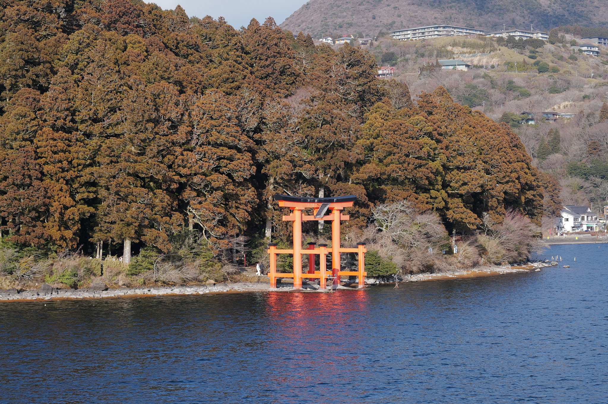 湖上鳥居與湖岸遠景